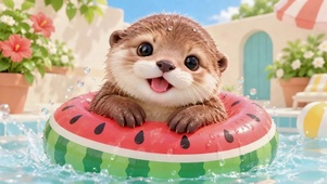夏日泳池可爱水獭