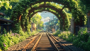 绿色夏日黄昏铁路隧道