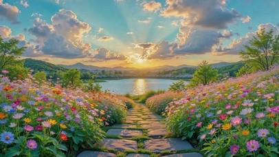 夕阳湖畔花海步道