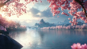 阳光樱花静谧河畔