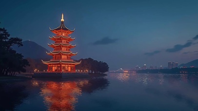 河畔古城夜景灯火
