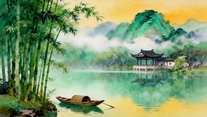 烟湖竹影