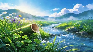 蓝天白云下的旷野溪流