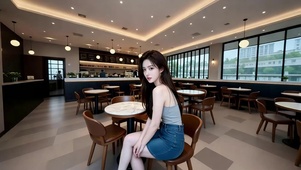 餐厅独自等待的牛仔短裤美女