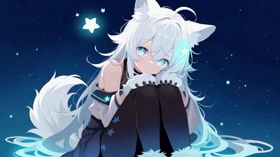 星空下的白毛狐耳少女