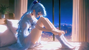 夜晚窗边蓝发美少女