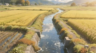 清新金黄麦田溪流