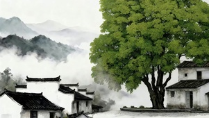青树绕白墙・烟峦水墨