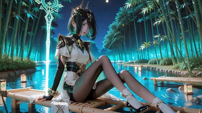 夜间湖泊竹林女孩奈芙尔