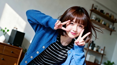 蓝衣短发比耶少女