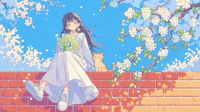 春日限定的白裙少女与猫