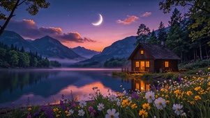 湖畔木屋夜景