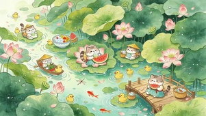 荷花池塘猫咪