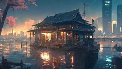 夜晚湖面水上商店