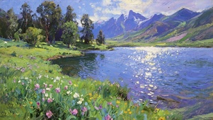 油画白云花草树木河流