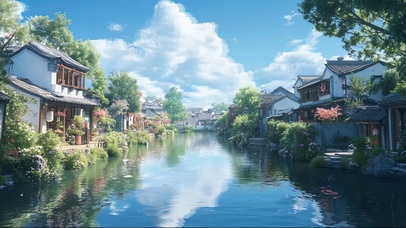 蓝天白云古镇水乡夏日