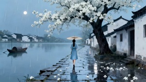 江南雨季湖边散步