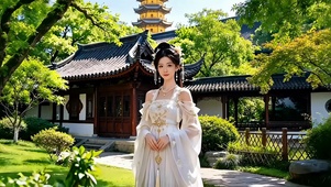 古宅庭院里闲逛的古风美女