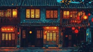 傍晚古城热闹酒馆建筑