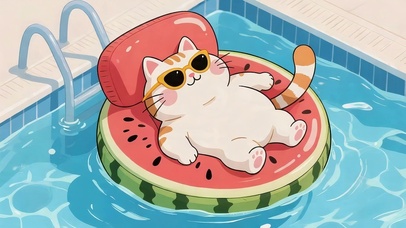 夏日泳池猫咪