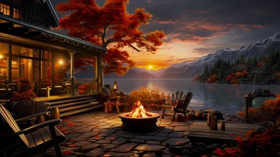 秋天夕阳湖畔木屋