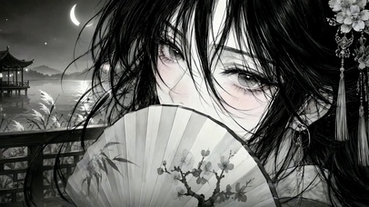 月夜古风折扇美少女