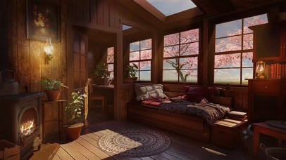 舒适的春日樱花木屋