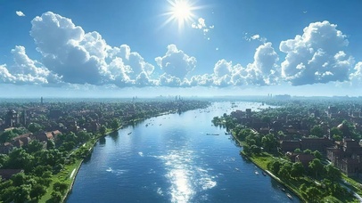 蓝天阳光绿色河流城市