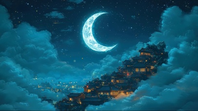 弯月星空云层古镇建筑