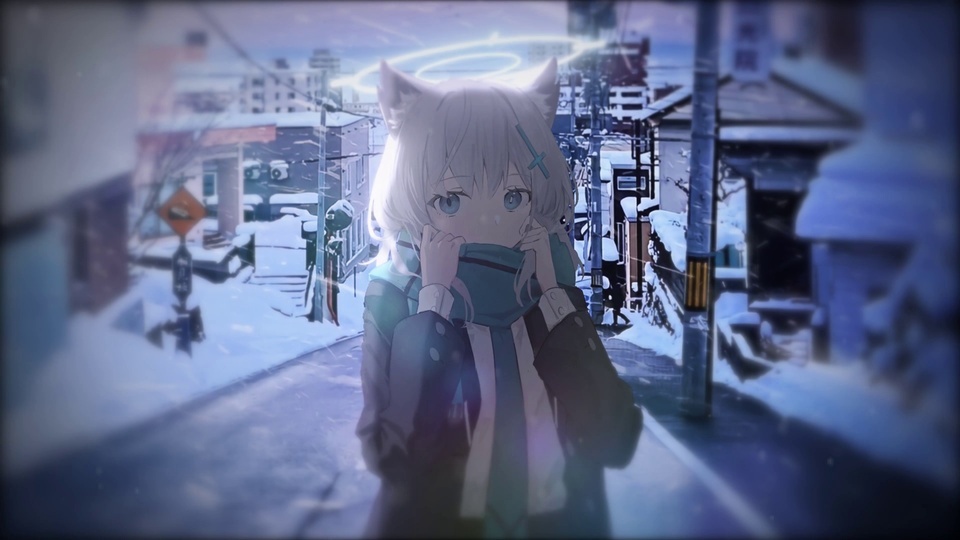 灰白发猫耳二次元少女站在积雪的城市街道中，双手拢住围巾，周围飘着细碎落雪。