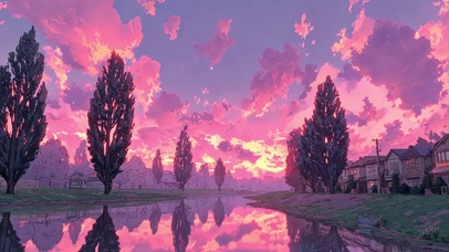 粉色朝霞河岸小镇