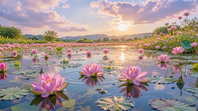 护眼日落霞光荷塘