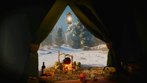 帐篷外雪天篝火露营
