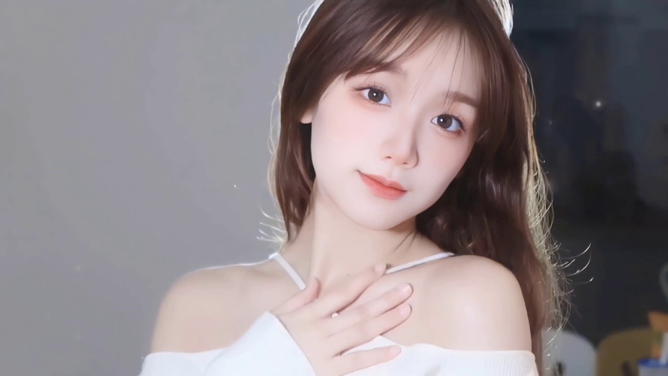 浅棕长发年轻女性面向镜头浅笑，身着白色露肩上衣内搭细吊带，手轻放胸前，背景左侧为浅灰色哑光墙面，右侧为虚化昏暗室内空间，暖调柔焦光影，低饱和浅灰、米白与棕褐色调。