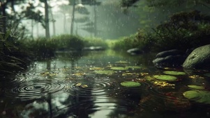 森林雨天草地积水涟漪