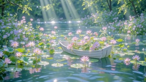 丁达尔光下的荷花小船