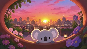 可爱考拉阳台眺望日落城市