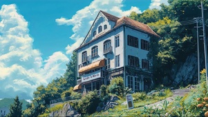 夏日山坡静谧蓝天小屋