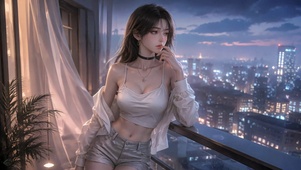 都市夜景窗边氛围感美女