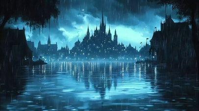雨夜远处神秘蓝调古堡