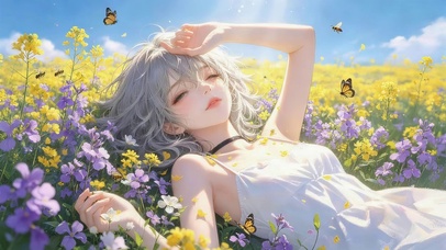 春天草地鲜花女孩