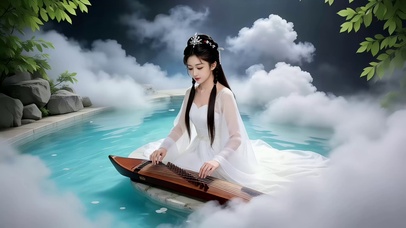 梦幻仙境池中弹琴仙气美女