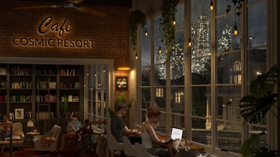 雨夜在舒适的咖啡厅办公