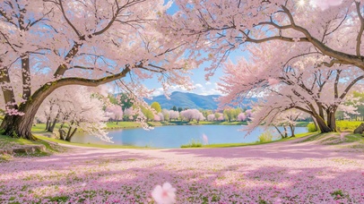 漫天樱花裹湖岸