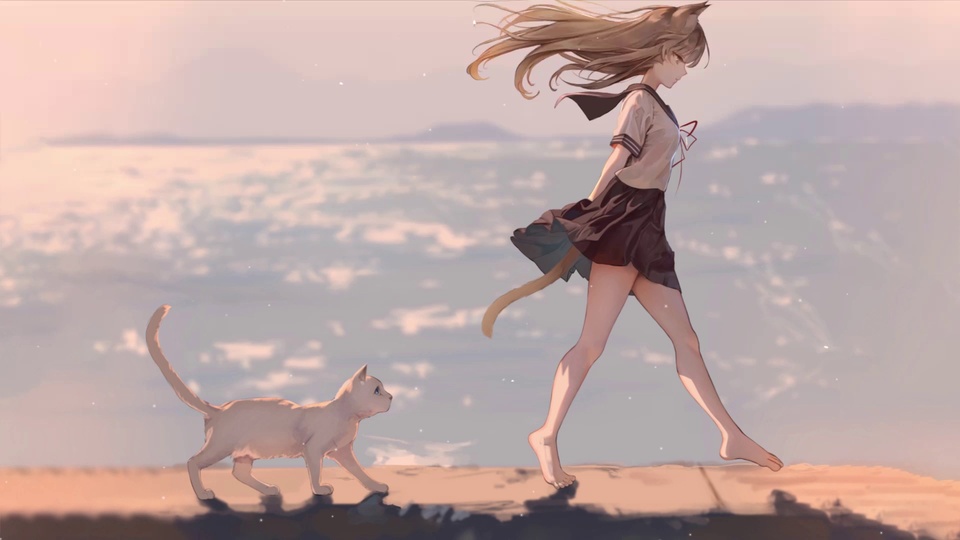 二次元唯美画面，浅棕长发的猫耳猫尾少女和浅色短毛猫咪坐在云海平台上，背景是晕染暖粉浅蓝的黄昏天空。