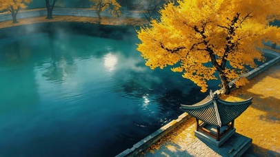 秋天湖边银杏树