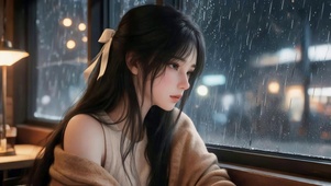 雨天发呆的女孩