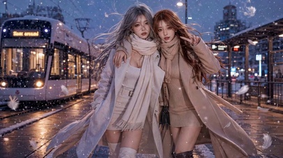 雪夜电车旁的闺蜜美少女