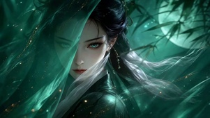 月夜青竹古风绿纱美人