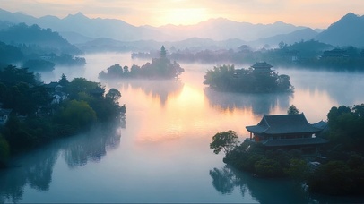 俯瞰日出晨雾湖泊群岛